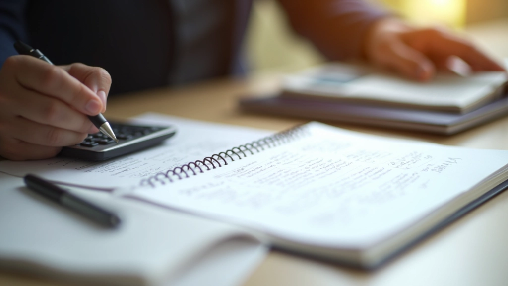 Notebook with Islamic financial planning notes and calculator on table