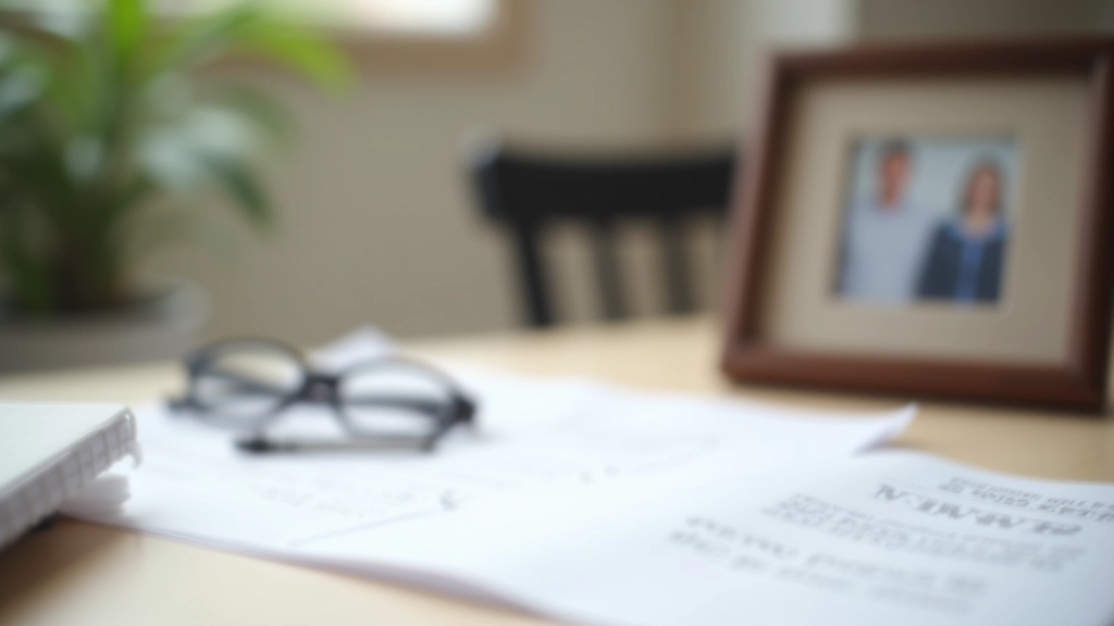 Organized workspace with estate planning documents, calculator, and family photos